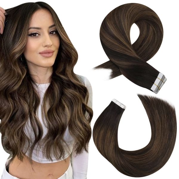 Moresoo Tape in Human Hair Extensions Balayage Hair Extensions Invisible Tape in Extensions Real Human Hair Balayage Darkest Brown Mix with Medium Brown Tape in Remy Hair 20 Inch #2/6/2 20pcs 50g