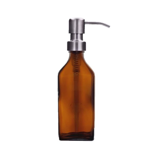 Avalon Amber Glass Rectangular Bottle with Stainless Steel Pump, Refillable, BPA-Free (1, 200 ml)