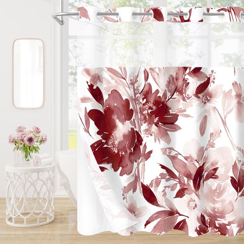 Litabel No Hook Burgundy Watercolor Floral Shower Curtain, Plant Leaves with Flower Hookless Shower Curtains for Summer Red Bathroom Decor, White Botanical Waterproof Shower Curtain Set 72x74 Inch