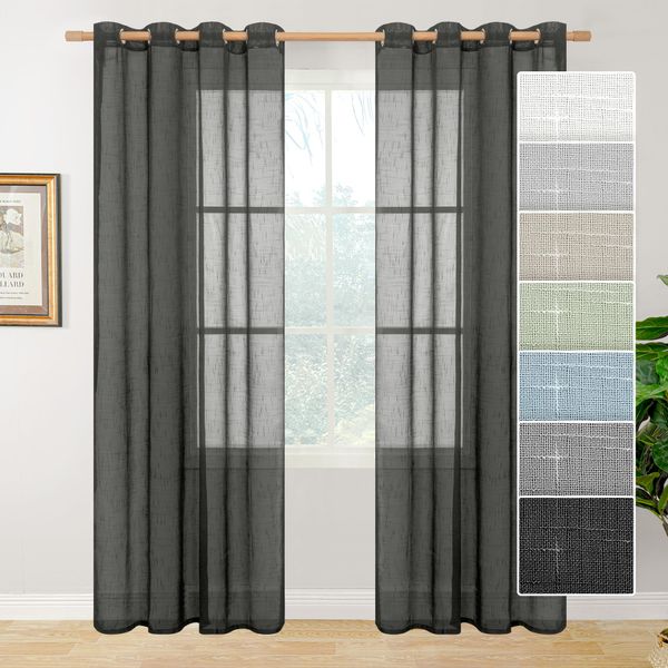 BGment Black Sheer Linen Curtains for Living Room 2 Panels Set, Semi Sheer Curtains 84 Inch Length for Bedroom Light Filtering Curtains & Drapes with Grommet, Each 2 Panels, 52 x 84 Inch, Black