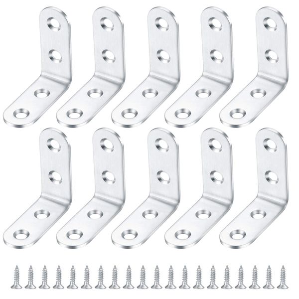 10 Pcs Stainless Steel L Shape Corner Brace Bracket, Joint Right Angle Bracket, 90 Degree Corner Connectors for Shelves, Furniture, Wood, with Screws