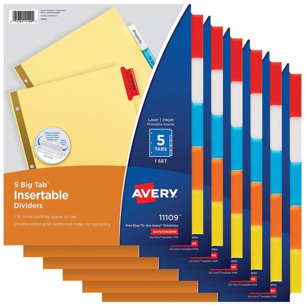 Avery 5-Tab Binder Dividers, Insertable Multicolor Big Tabs, 6 Sets (11109)