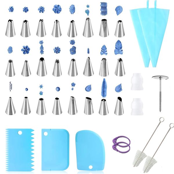 Silicone Piping Bags, 34 pcs Stainless Steel Nozzles Set with Coupler, 2 Reusable Icing Piping Bag with 1 Decorating Nail, 2 Cleaning Brush & 3 Dough Scrapers for Decorating Cakes, Pastries & Cupcakes