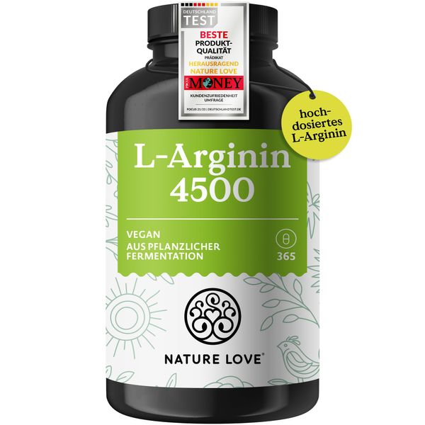 NATURE LOVE® L-Arginin - 365 Kapseln - Hochdosiert: 4500mg HCL (davon 3.750 mg L-Arginin) je Tagesdosis - Fermentation aus Mais - In Deutschland produziert, vegan, laborgeprüft