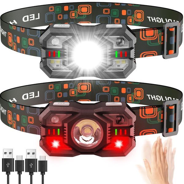 LED Head Torch Rechargeable ,【2 Pack】Super Bright 2000LM Headlamp, 20H Runtime 5 Modes Adjustable Headtorch with Motion Sensor, Waterproof Headlight with Red Light for Camping Fishing Cycling Hiking