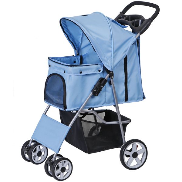 4 Wheeler Pet Dog Stroller Carriage w/Foldable Carrier Cart & Cup Holder Blue