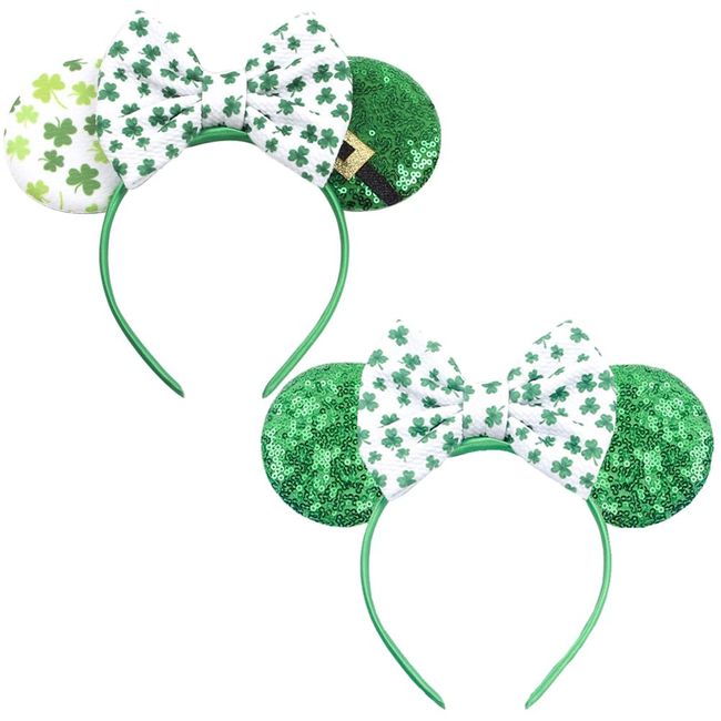 Kiddale 2Pcs St. Patrick’s Day Headband,shamrock headband for women Girls,Green Irish Sequin Mouse Ear,Lucky Clover Hair Accessories Costume Cosplay Headwear for Irish Party Holiday Decorations