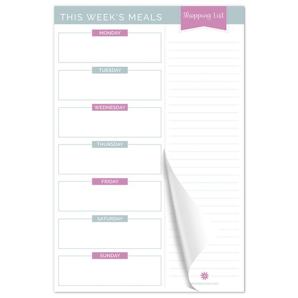 bloom daily planners Weekly Meal Planning Pad - Magnetic Hanging Refrigerator Menu Planner with Tear-Off Sheets & Perforated Grocery Shopping Lists - 6” x 9” (Pink & Teal)