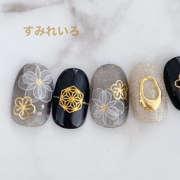 Nail tip false nails bridal nails cute short long design coming of age nails nail present short nails small nails big nails berry short chibi nails Japanese pattern nails false nails kimono nails Japanese style [1922] Black Line Flower Gold p