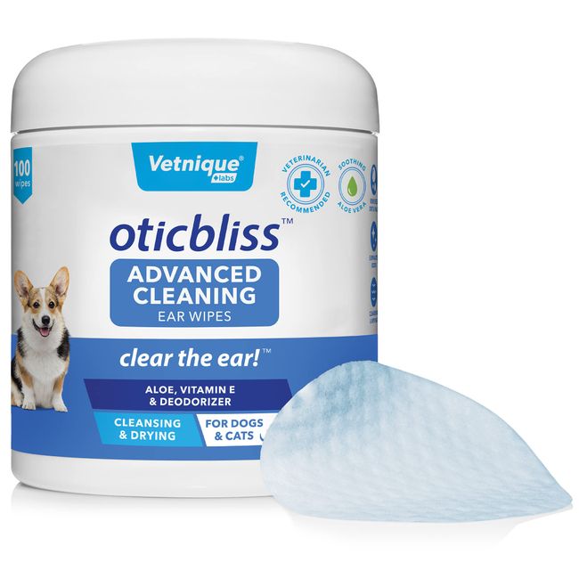 VETNIQUE Oticbliss Advanced Cleaning Ear Wipes for Dogs & Cats for Odor Control, Dirt and Wax Removal with Soothing Aloe Vera, Drying Agent and Vitamin E, Clear the Ear 100ct Wipes