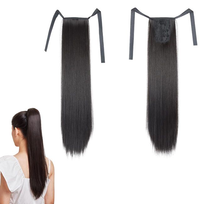 prinfantasy Ponytail Extension 22 Inch Wrap Around Long Straight Pre Stretched Hair Extensions Strap High Heat Synthetic Hairpiece for Women Black Brown,GBMW033