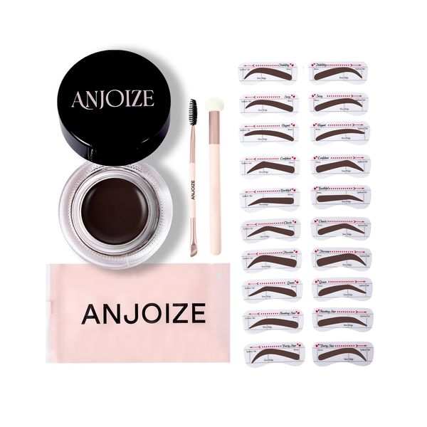 Anjoize Eyebrow Stencils Eyebrow Stamp Kit Waterproof,Brow Stencil Kits,Brow Trio Kit with Sponge Applicator, 20PCS Eyebrow Kit,Dual-Ended Eyebrow Brush,and Eyebrow Pomade (Soft Brown)