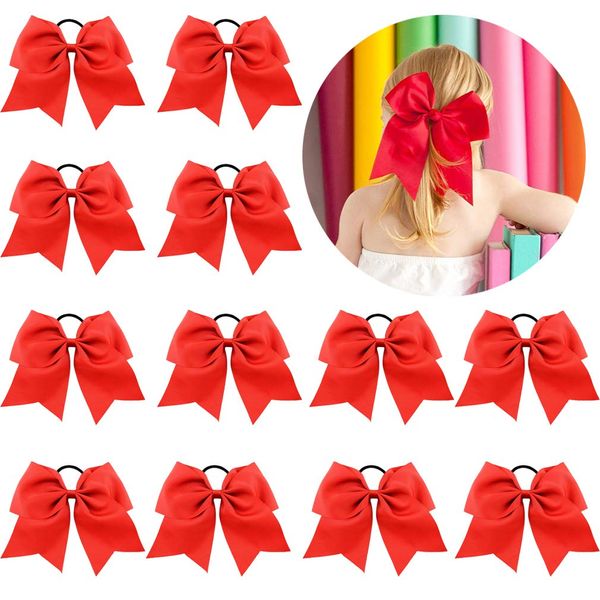 12 Pcs Large Cheer Bows 8" Bulk Hair Bow Accessories with Ponytail Holder for Girls High School College Cheerleading