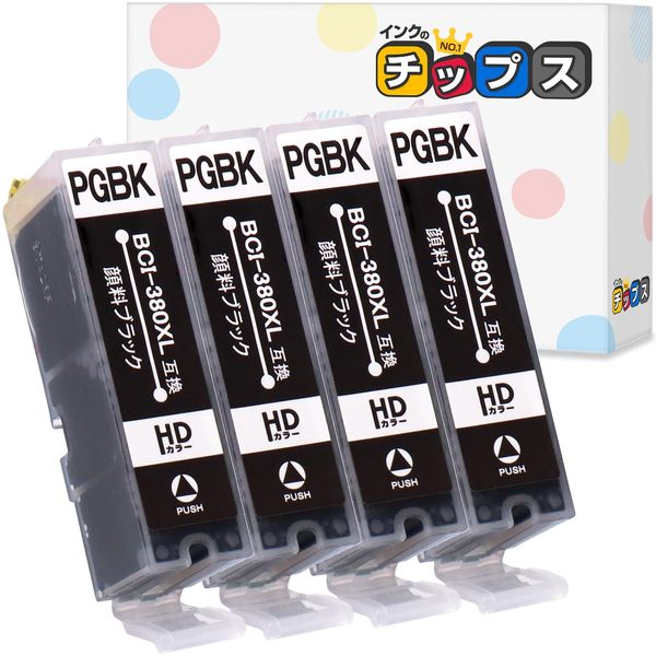 [Ink Chips] BCI-380XLPGBK Pigment Black (Black), Set of 4, Large Capacity, Compatible Ink Cartridges for Canon (Remaining Level Indicator), Supervised by Japanese Engineers, Fluidity and Moisturizing