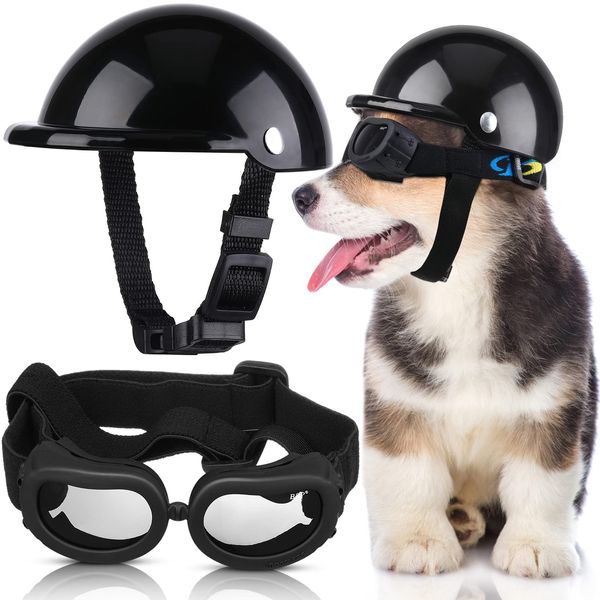 Small Dog Helmet Goggles Motorcycle Helmet UV Protection Doggy Sunglasses Pet Dog Glasses Safety Hat with Adjustable Belt Windproof Snowproof Eye Head Protection for Puppy Riding, S Size