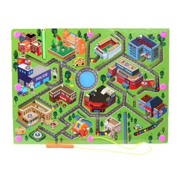 O-Toys Kids Maze Wooden Puzzle Activity Magnet Toys Beads Board Game Play Set for Boys Girls Learning Education Toy with Magnetic Wand for Toddlers Infants Preschool Children (City Traffic)