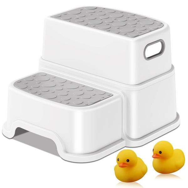 Toddler Step Stool, 2 Step Stool for Kids with Anti-Slip Surface and Rubber Bottom, Kids Step Stool Poop Stool for Toilet Potty Training, Bathroom, Kitchen (Include 2 Ducks)