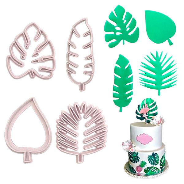 MUNSKT 4 Pcs Tropical Leaf Cookie Leaf Cutters Set,Leaf Cutters for Cake Decorating,Troptical Leaf for DIY Decorative Baking Tool,Plastic Mold for DIY Biscuit Cake Pastry Tools