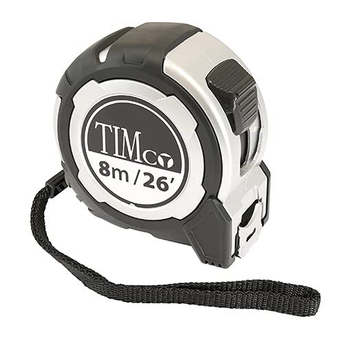 TIMCO 8M Tape Measure - 8m/26ft x 25mm - With locking button, belt clip and hand strap - Metric and Imperial tape measure
