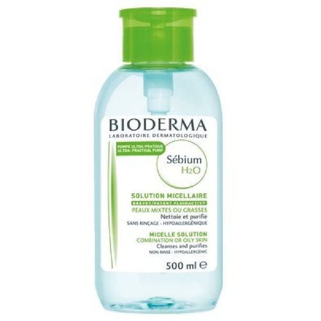 Bioderma Sébium H2O PUMP, Micellar Water, Cleansing and Make-Up Removing for Combination to Oily Skin, Green Bottle, 17 Fl Oz