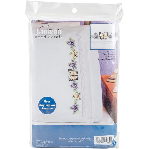 Janlynn Stamped Cross Stitch Kit, Pansy & Butterfly Pillowcase Pair