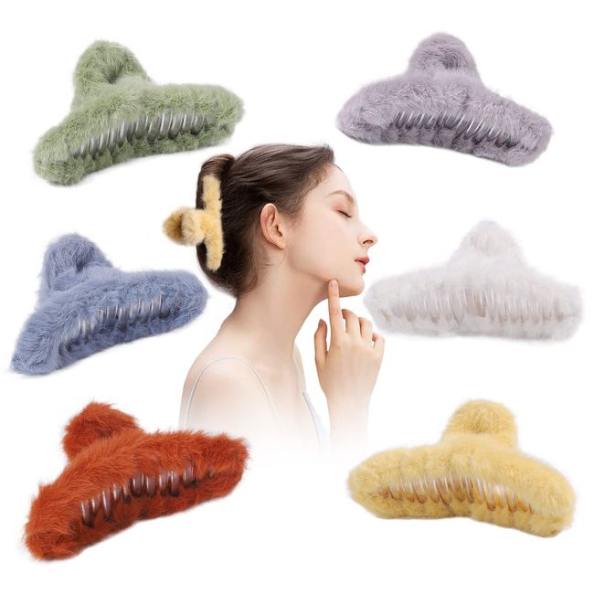 6Pcs Fur hair clips,Fuzzy Hair Clips,Fur Claw Clips for Women,fluffy hair clips,Aesthetic Claw Clips For Thick Hair Clips,Kawaii Hair Clips, Strong Hold Non-Slip Hair Clamp