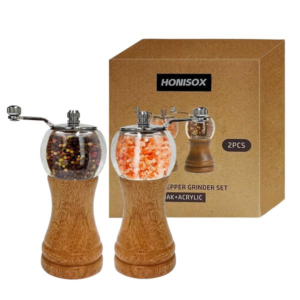 Pepper Grinder Set, Wooden Manual Pepper Grinder with Handle Peppermill Grinder, Refillable Ceramic Blade Grinding, Enjoy Fresh Ground Pepper Salts with Spices, 2pcs-6in