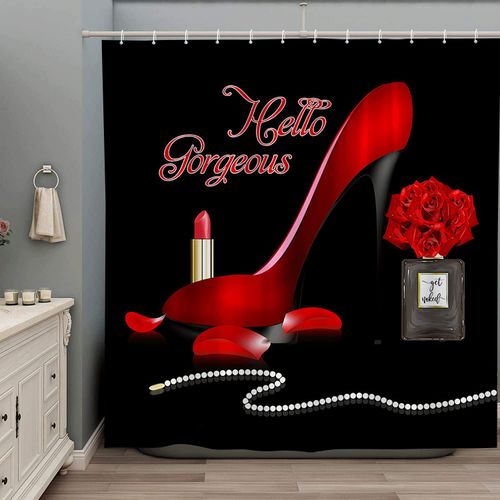 ZZYSKS Fashion Girl Shower Curtain Hello Gorgeous Perfume Bottle Red High Heels Rose Flower Makeup Retro Lady Lipstick Romantic Lover Girly Fabric Black Bathroom Decor Set with Hooks 70Wx70H Inch