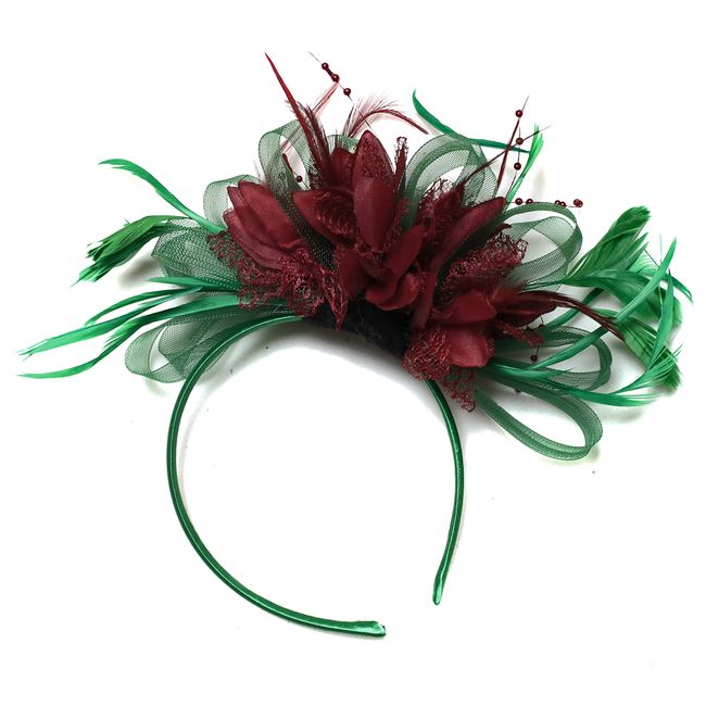 Caprilite Fashion Green and Burgundy Fascinator Headband Net Hoop Feather Hair Wedding Royal Ascot Races