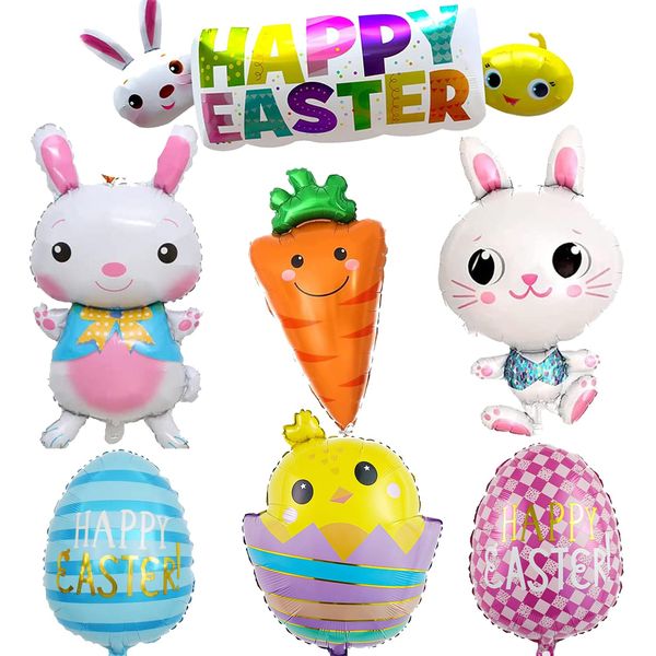 Oversized Easter Balloons 7 Pcs Easter Foil Helium Balloons for Kids, Easter Party Decorations Easter Bunny Rabbit Chick Easter Eggs Balloons