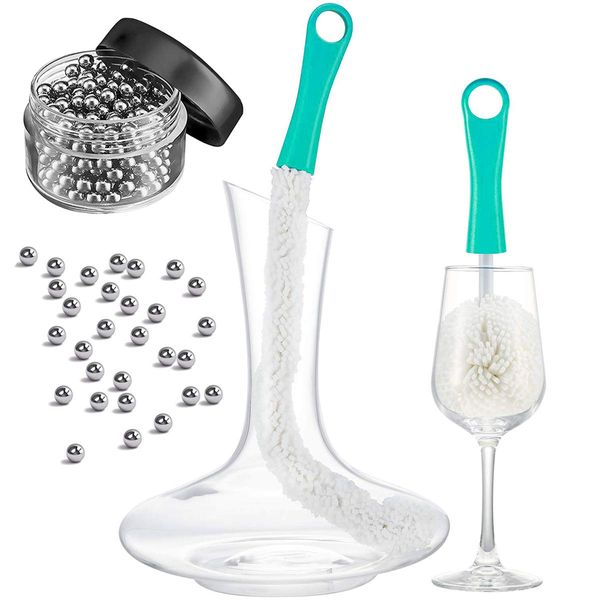 500 Granule Stainless Steel Decanter Cleaning Beads and Wine Decanter Cleaning Brush Multi-Function Household Cleaning Tools for Decanter/Champagne Flutes/Goblets/Glasses/Cups