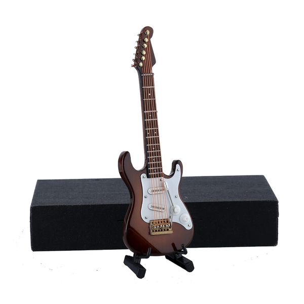 Dselvgvu Wooden Miniature Electric Guitar with Stand and Case Mini Musical Instrument Miniature Dollhouse Model Birthday Present (Electric Guitar:Brown, 5.49"x1.76"x0.48")