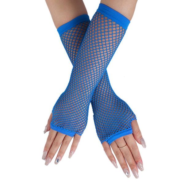 Long Fishnet Gloves, Blue Fingerless Arm Warmers Mesh Fancy Dress Gloves, Fancy Dress Punk Accessory for Women Girls Kids 80s Costume Evening Party Supplies Tutu Rave Hen Night