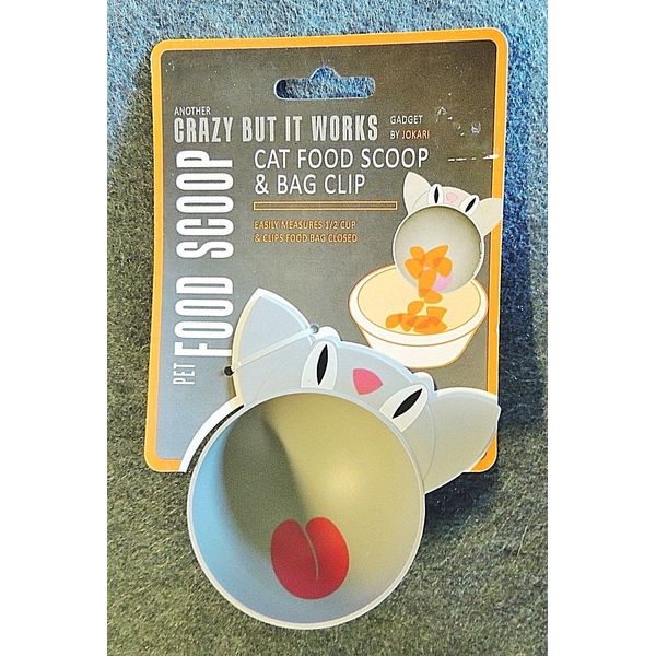 Cat Face Pet Food Scoop & Bag Clip Combo Gray Plastic 1/2 Cup Jokari Gadget New