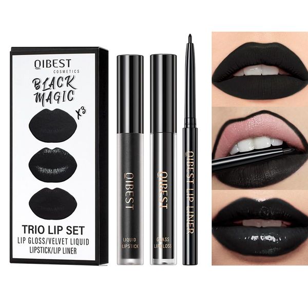 Pakivs 3Pcs Black Matte Liquid Lipstick,Lip Liner,Lip Gloss Trio Lip Set Waterproof Long-Lasting Moisturizing Velvety Lip Stain One Step Lips Makeup Kits (12#)