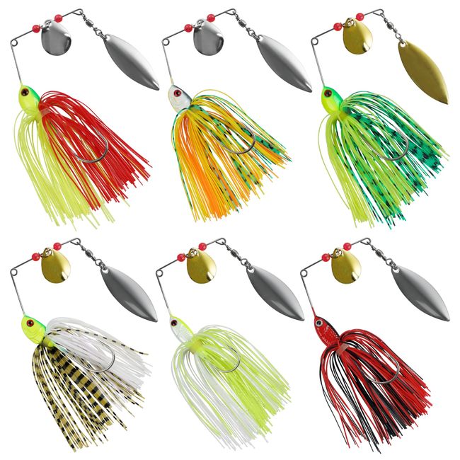 AGOOL Bass Fishing Spinner Bait, Bass Bait, Lure Set, Bass Fishing, Sea Bass Target, Trout, Beginners, Tandem Willow, Slow Speed, High Speed, 6 Colors, Set of 6