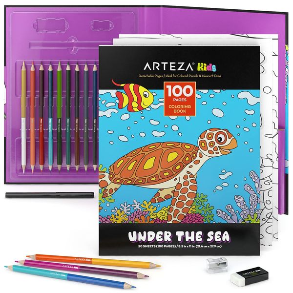 ARTEZA Kids Coloring Book and Colored Pencils Kit, 8.5x11 Inches, Sea Creature Illustrations, 50 Double-Sided Coloring Sheets, 100-lb Paper