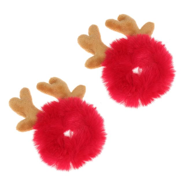 JK Home 2pcs Plush Christmas Antler Hair Scrunchies, Cute Elastic Fluffy Elk Hair Ties Wristband, Fuzzy Pom Pom Bobbles Reindeer Hair Bands Rope Ponytail Holders Xmas Hair Accessories for Girls Women