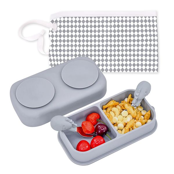Funvalley Surperfect 5PCS Travel Baby Suction Plate - Non Slip Silicone Baby Plate,Portable Suction Baby Divided Plates Feeding Set with Travel Bag for Toddler Baby Plate Travel Essential(Grey)