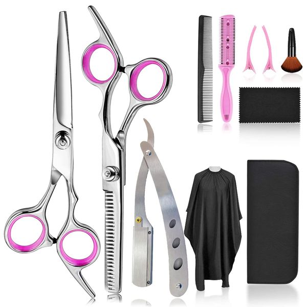 Hair Shears Thinning Scissors Set, Fcysy Professional 11 Hair Cutting Scissors Kit, Barber Scissors Hairdressing Texture Shears Straight Edge Razor Barber Supplies, Haircutting Shears Salon Tools