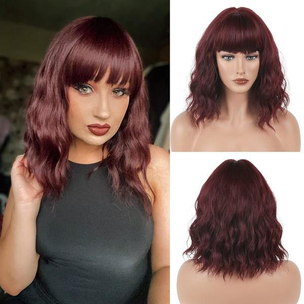 Cybelleza Perücken Damen Kurze Lockige Bob Perücken mit Pony für Frauen 35cm Schulterlange Gewellt Wellige Natürliche Synthetische Haar Perücken für Mädchen Party Kostüm Cosplay Wig, Weinrot