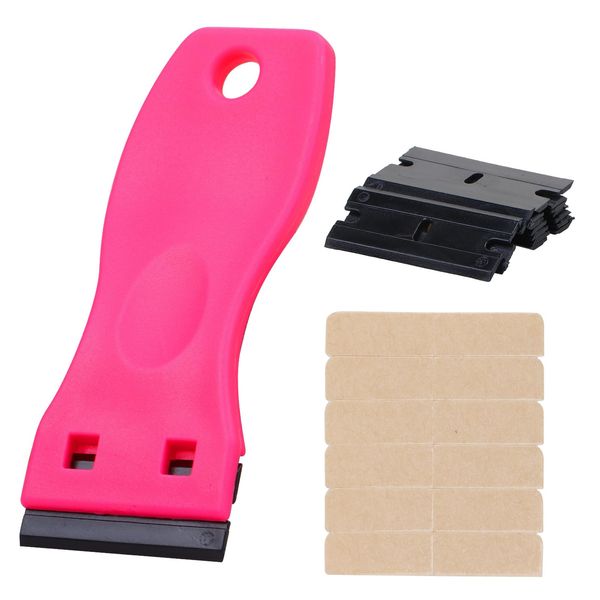 WENNALIFE Tape Remover Scraper Tool Plastic Razor Blade Scraper with 10 Replacement Blades & 6 Tape Tabs Hot Pink Plastic Scraper Tool Non Scratch Tape in Extensions tool Adhesive Remover for Cleaning