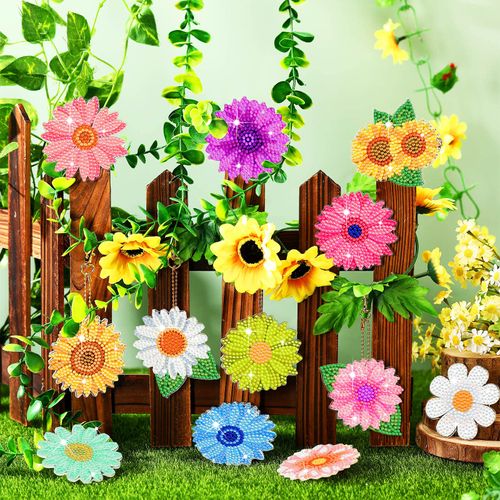 Bucherry 12 Pcs Sunflower Diamond Painting Keychains 5d Key Chain Spring Diamond Painting Kits Pendant Spring Summer Flowers Hanging Ornaments for DIY Crafts(Rustic Style)
