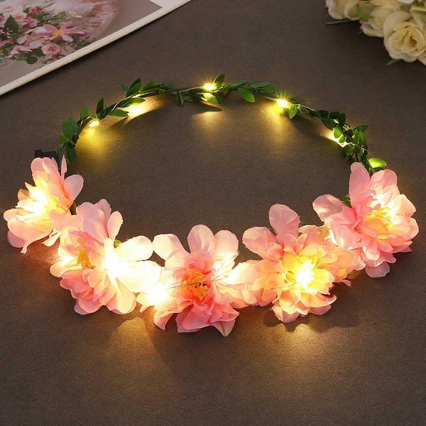 Edary LED Flower Headbands Crown Light Up Hair Wreath Headband Bridal Floral Festival Headpiece Halloween Party Headdress for Bride Women Girls (Pink)