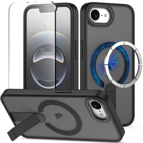 MMHUO Magnetic for iPhone 16e Case with Screen Protector,[Compatible with Magsafe],[Skin Feeling],Slim Adjustable Kickstand Phone Case for iPhone 16e 6.1 inches 2025,Black