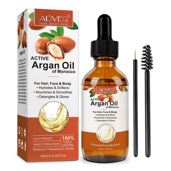 Argan Oil 2Fl oz, Morocco Argan Oil for Dry Damaged Hair, Pure Cold Pressed Hair Oil Hydrating and Moisturizing Scalp, Body, Face, Skin