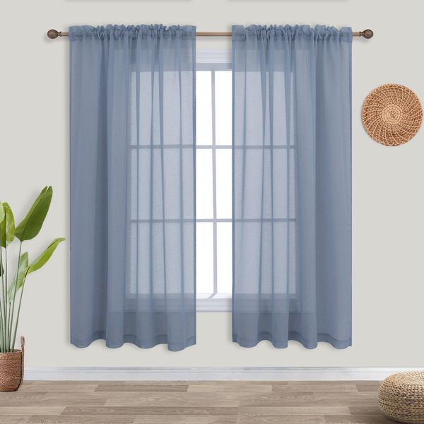 Light Reducing Burlap Look Small Drapes Rod Pocket Airy Linen Like Sheer Curtains for Baby Room Boys Girls Nursery Classroom Bathroom Bay Window Accents Home Decor 52 x 63 Inch 2 Pcs Dusty Blue