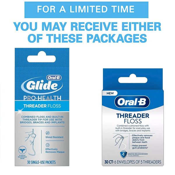 Glide Threader Floss, 30-Count Boxes of Single-Use Packets (Pack of 6)