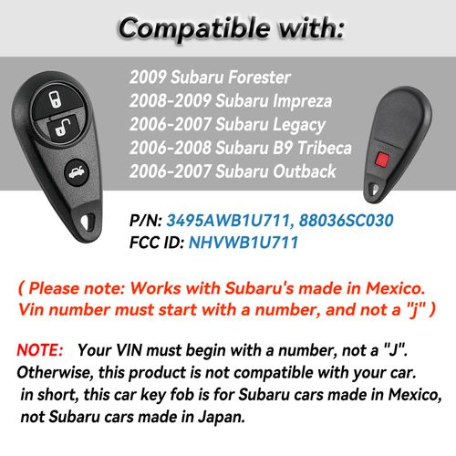 Car Key Fob Replacement Remote Key Fit for Subaru Outback 2006 2007 Subaru Legacy / 2006-2008 B9 Tribeca / 2008 2009 Impreza / 2009 Forester Keyless Entry Remote Fob NHVWB1U711