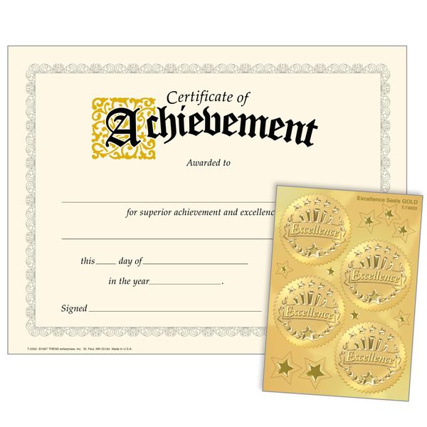 Certificate of Achievement with Gold Excellence Seals combo pack